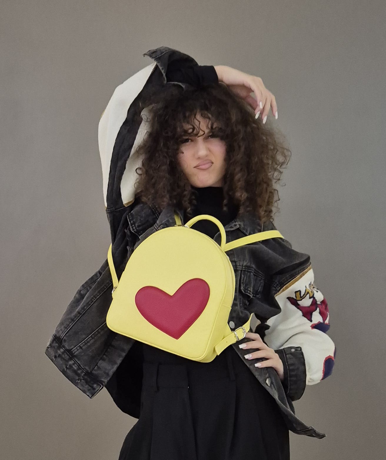 ADDA Pearly Pink Leather Backpack With Red Heart Attached - Image 6