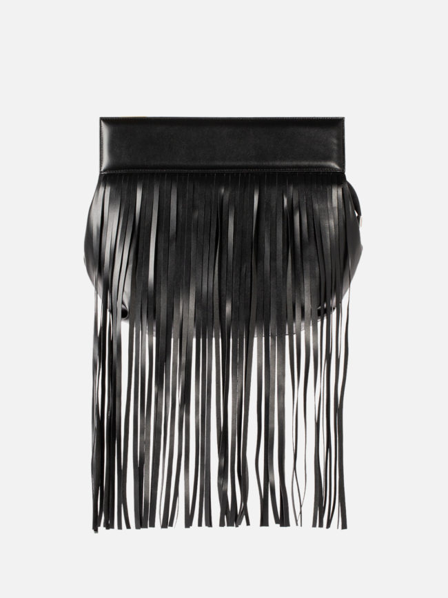 LAURA TASSEL MAXI Black Leather Clutch Bag With Fringes