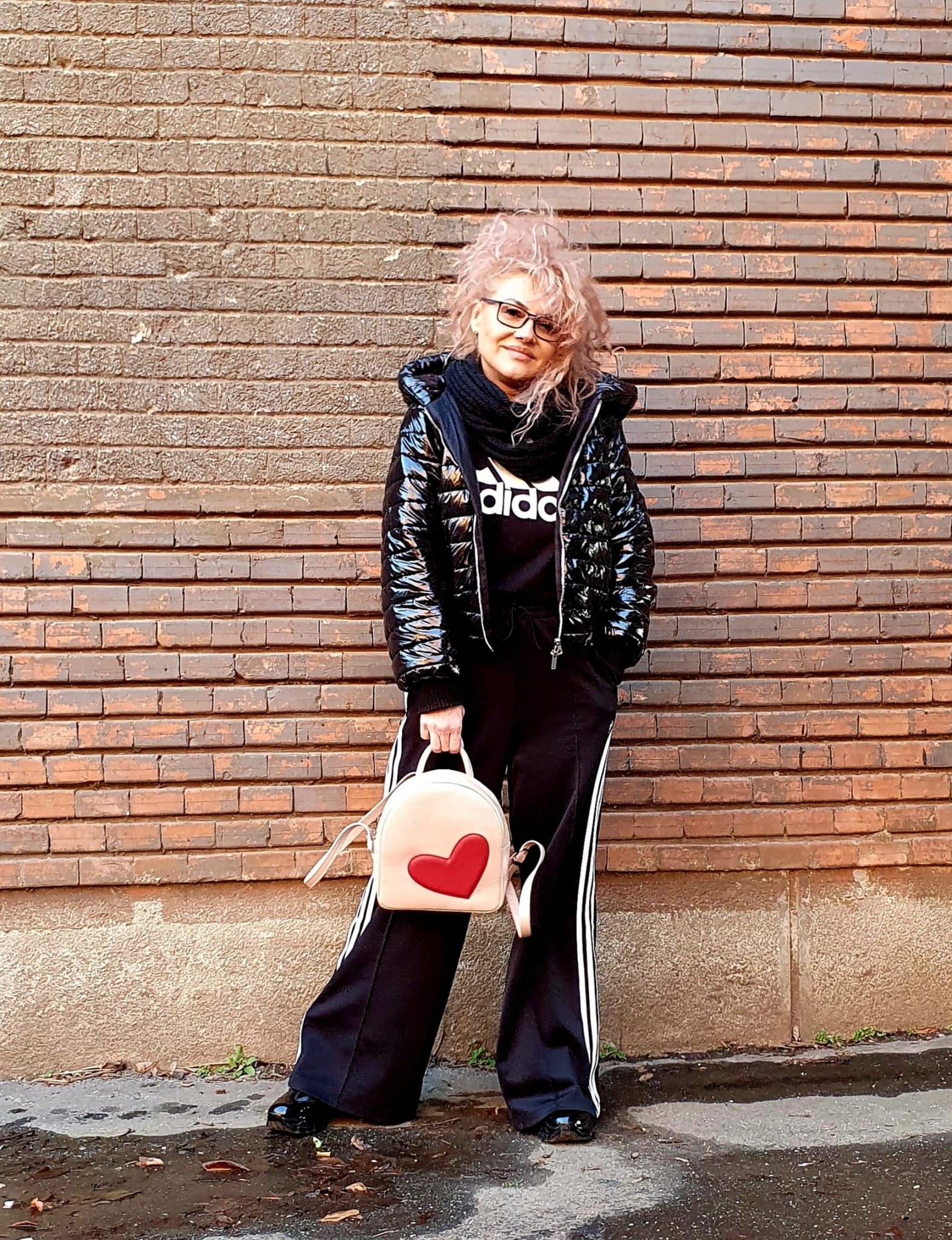 ADDA Pearly Pink Leather Backpack With Red Heart Attached - Image 3