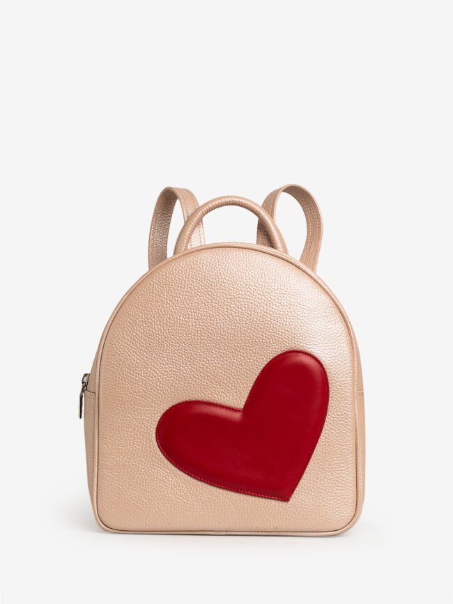 ADDA Pearly Pink Leather Backpack With Red Heart Attached