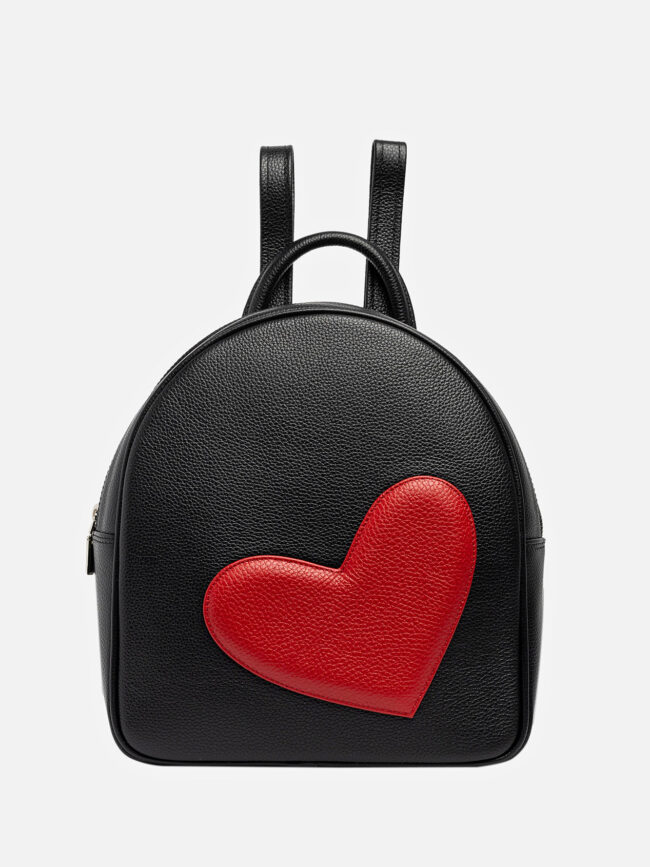 ADDA Black Leather Backpack With Red Heart Attached