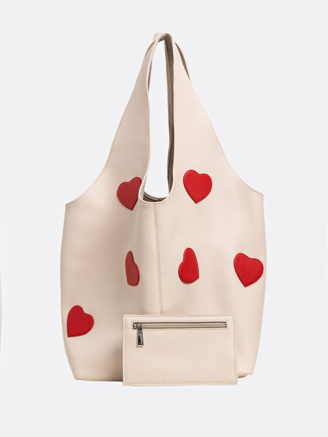 SACK Cream Leather Bag With Red Hearts Attached