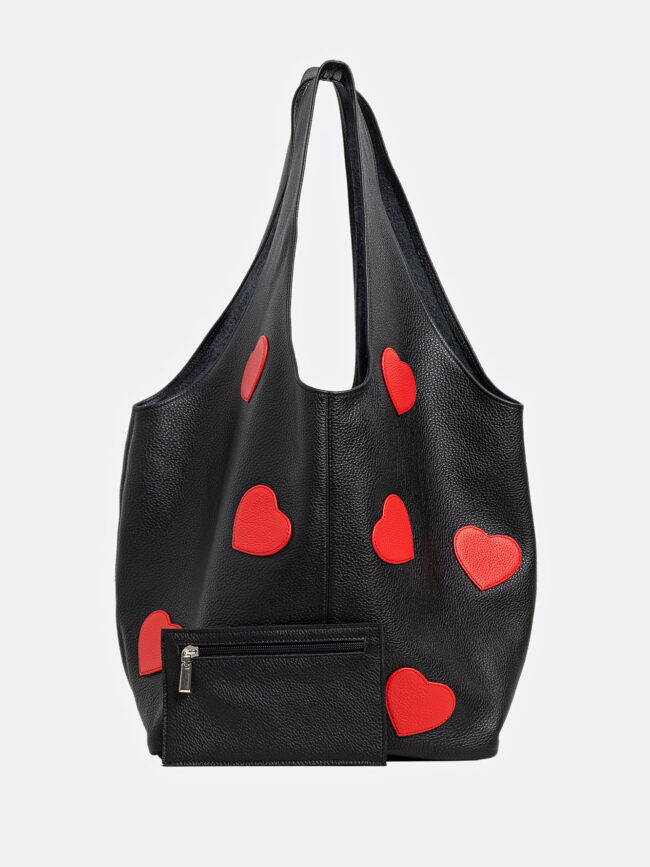 SACK Black Leather Bag With Red Hearts Attached