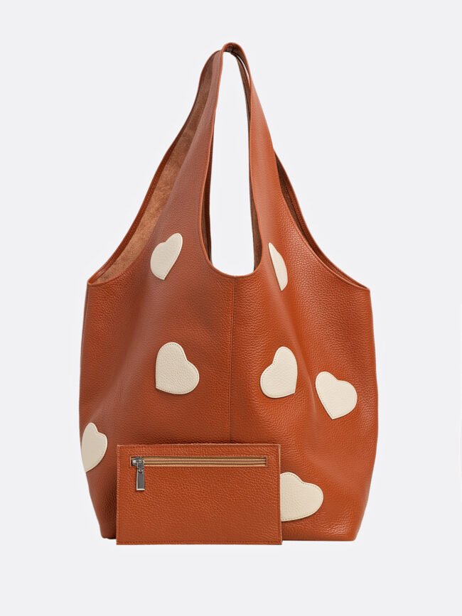 SACK Camel Leather Bag With Cream Hearts Attached