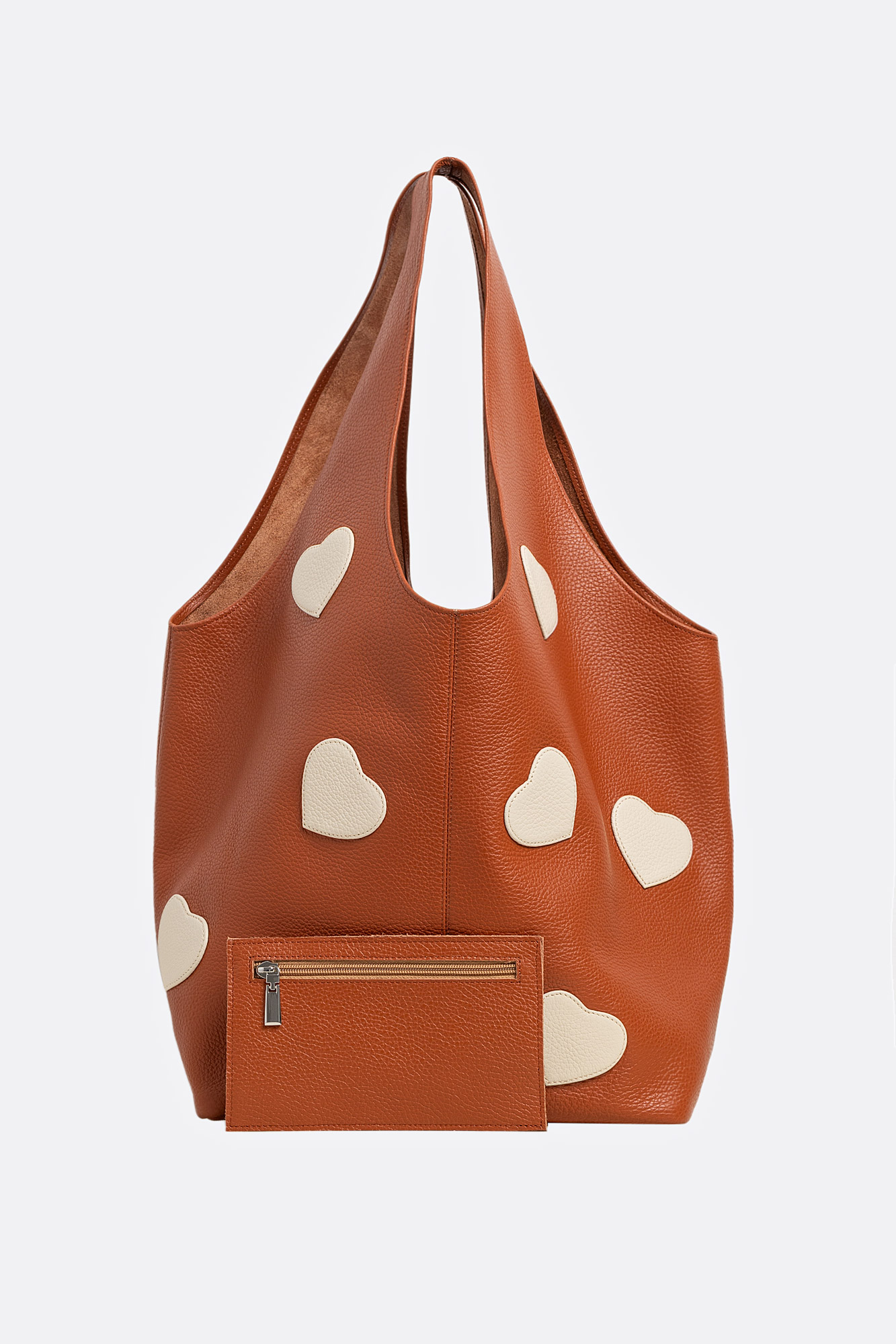 SACK Camel Leather Bag With Cream Hearts Attached