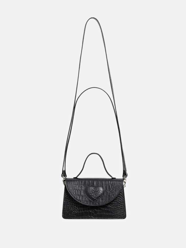AMELIE Black Croco Leather Bag With Heart Attached