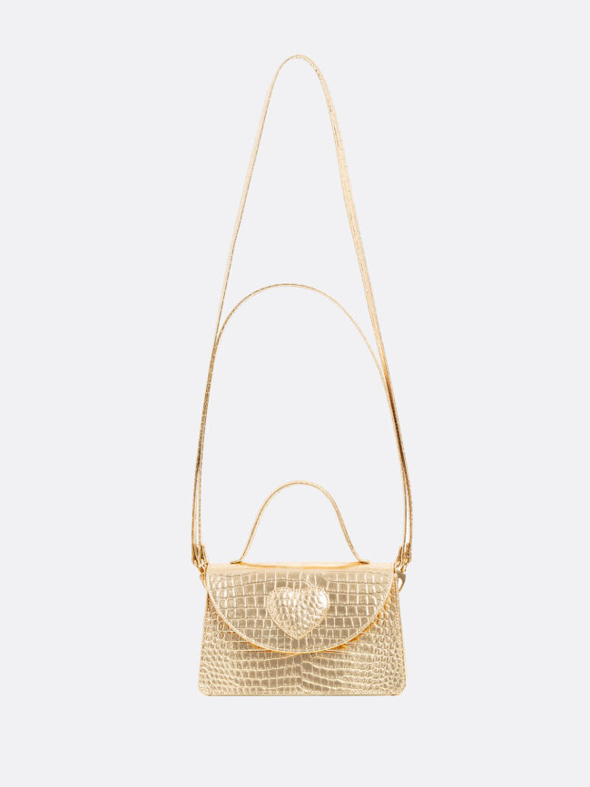 AMELIE Gold Croco Leather Bag With Heart Attached