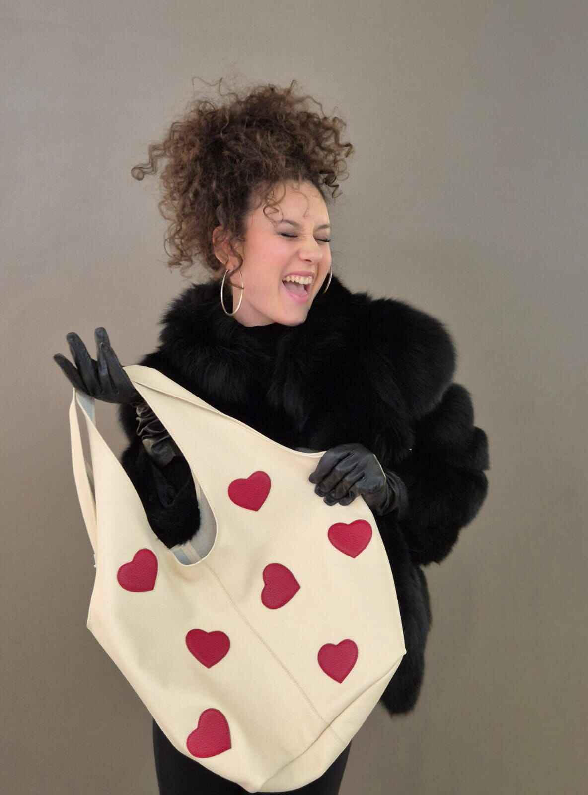 SACK Cream Leather Bag With Red Hearts Attached - Image 2